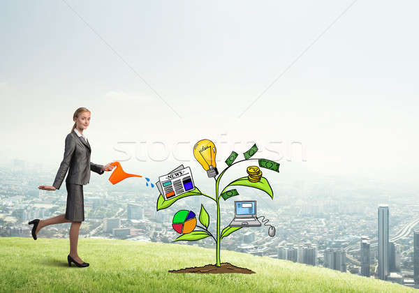 Young businesswoman outdoors watering drawn growth concept with can Stock photo © adam121