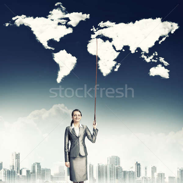 Stockfoto: Geheel · wereld · zakenvrouw · pak · wereldkaart