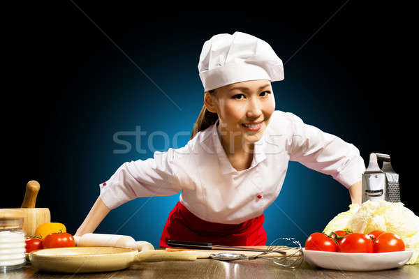 Foto stock: Retrato · Asia · mujer · cocinar · mesa · mirando