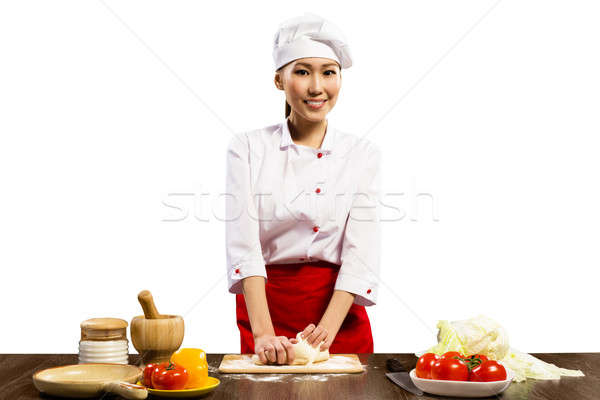 Asian female chef cooking pizza dough Stock photo © adam121