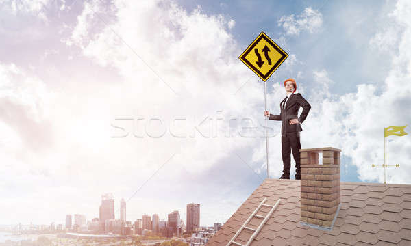 Senhor patrão tijolo telhado assinar mãos Foto stock © adam121