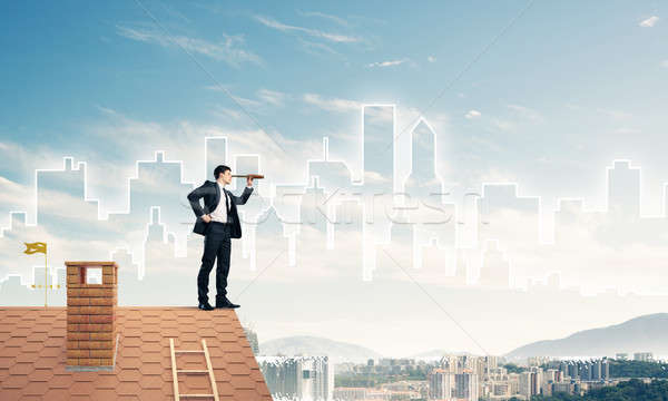 Engineer man standing on roof and looking in spyglass. Mixed med Stock photo © adam121