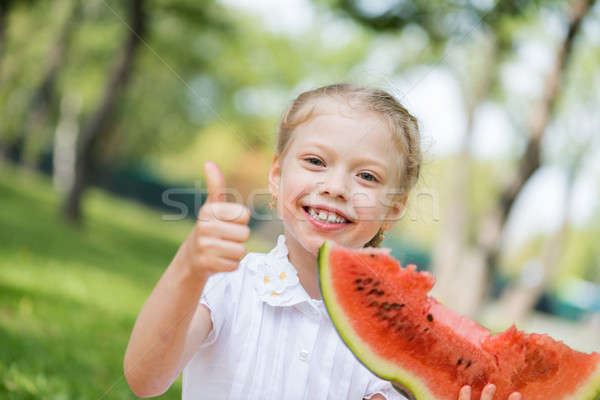 Foto d'archivio: Kid · anguria · fetta · cute · ragazza · seduta