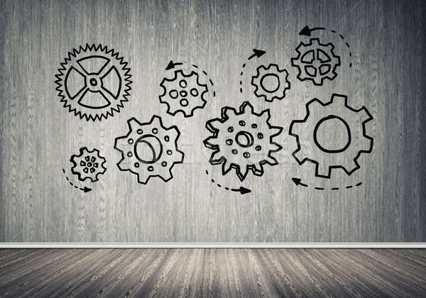 Engrenagem mecanismo trabalho em equipe cinza parede Foto stock © adam121