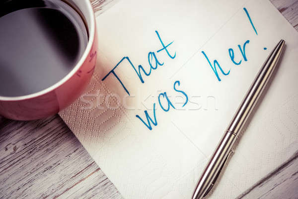 Stockfoto: Romantische · bericht · geschreven · servet · beker · koffie
