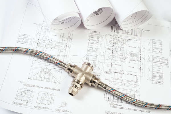 Stock photo: plumbing and drawings, construction still life