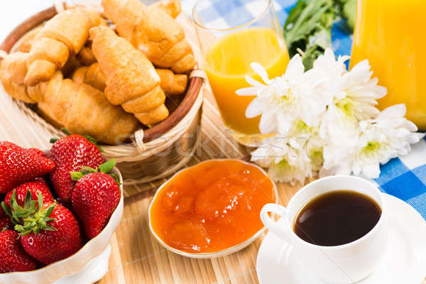 Stock foto: Kontinentales · Frühstück · Kaffee · Erdbeere · Croissant · Saft · Obst