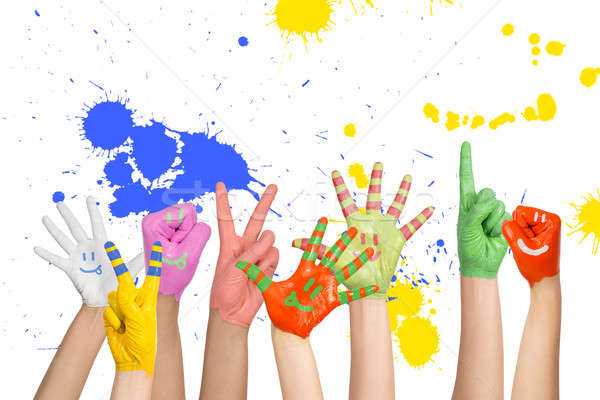 Foto stock: Pintado · manos · diferente · colores · escuela · nino