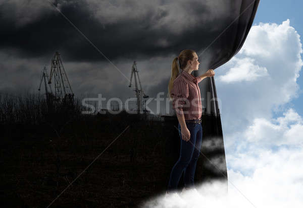 若い女性 カーテン 見える 雲 画像 図書 ストックフォト © adam121