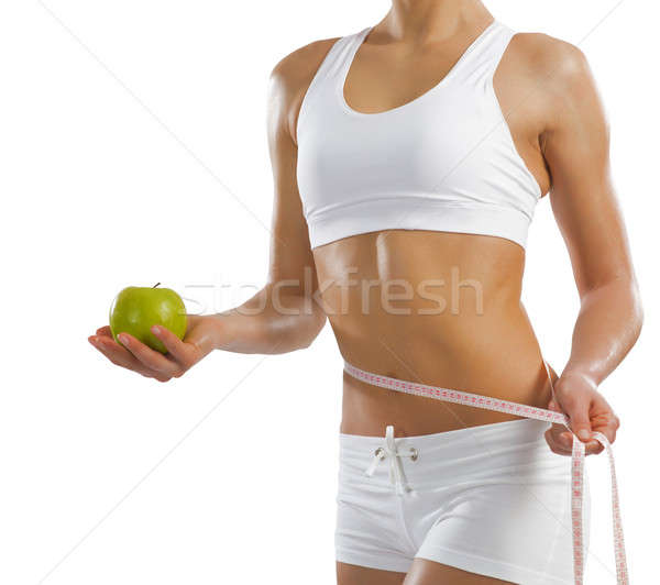 Foto stock: Jovem · mulher · verde · maçã