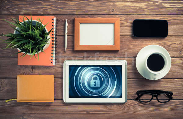 Stock photo: Web security and technology concept with tablet pc on wooden tab