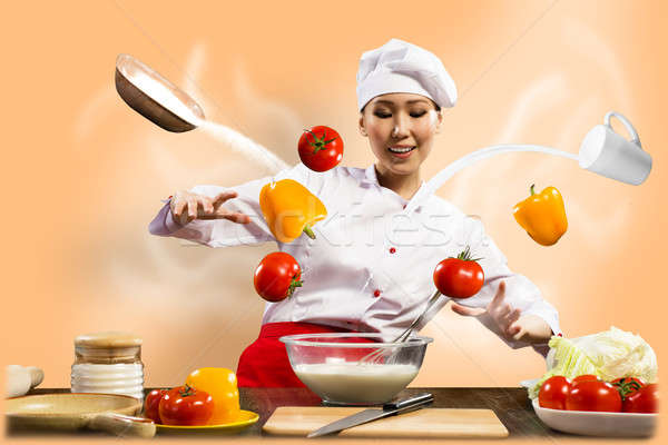 Stockfoto: Asian · vrouwelijke · chef · keuken · goochelaar · kok