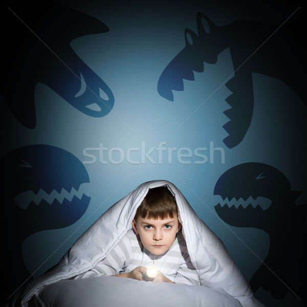 Fiú elemlámpa kép éjszaka félő szellemek Stock fotó © adam121