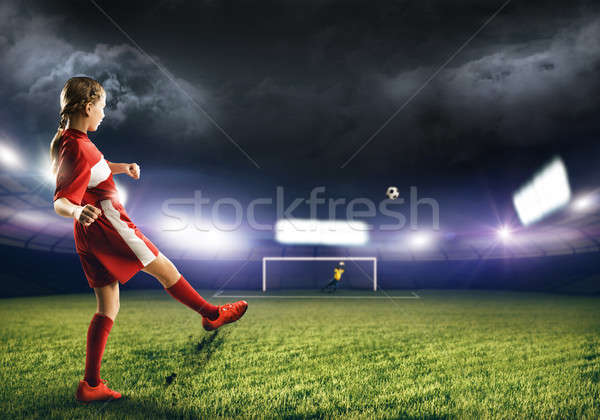 Foto stock: Futebol · meta · criança · menina · estádio