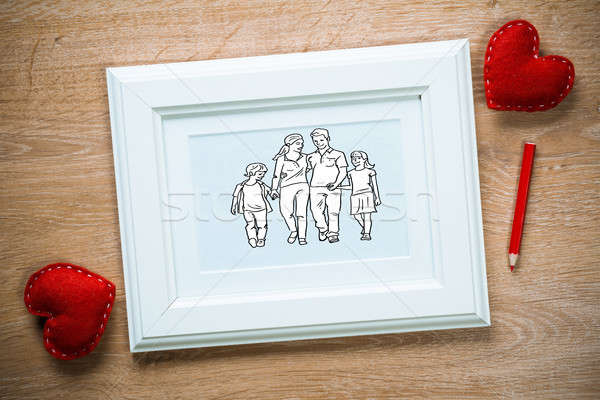 Zdjęcia stock: Szczęśliwą · rodzinę · rysunek · drewniany · stół · rodziny