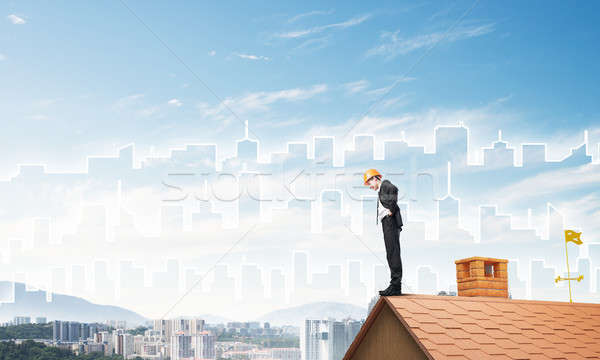 Ingenieur Mann stehen Dach Blick nach unten gemischte Stock foto © adam121