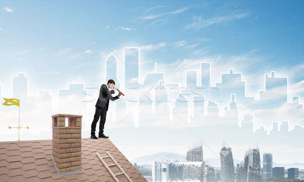 Engineer man standing on roof and looking in spyglass. Mixed media Stock photo © adam121