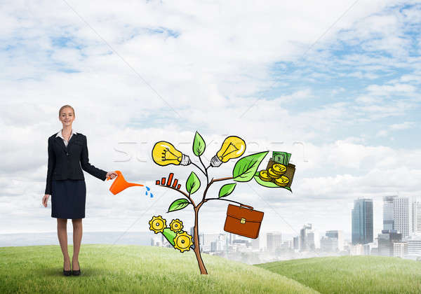 Young businesswoman outdoors watering drawn growth concept with can Stock photo © adam121