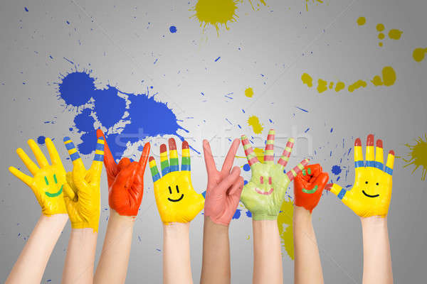 Stock fotó: Festett · kezek · különböző · színek · iskola · gyermek