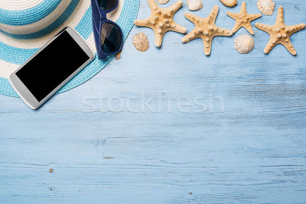 лет объекты отпуск соломенной шляпе Солнцезащитные очки смартфон Сток-фото © adam121