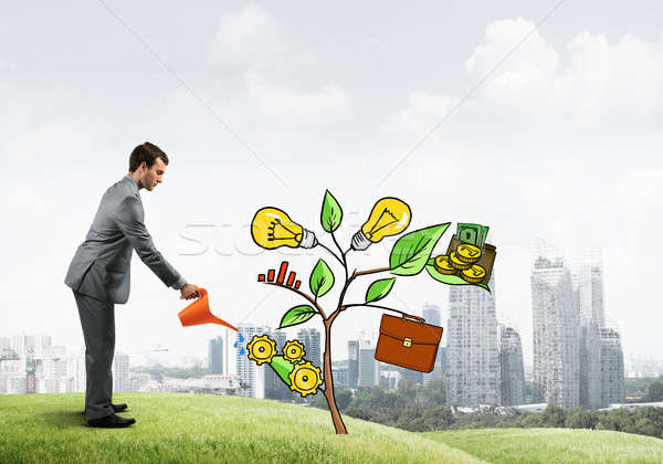 Stock foto: Jungen · Geschäftsmann · Freien · Bewässerung · gezeichnet · Wachstum