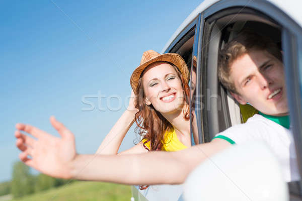 Foto stock: Mirando · fuera · coche · ventana · mano