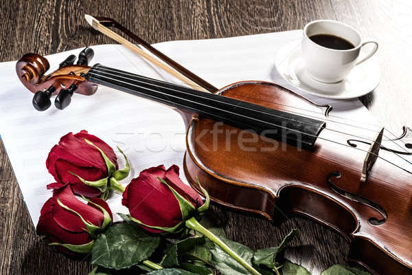 Violin, rose, coffee and music books Stock photo © adam121