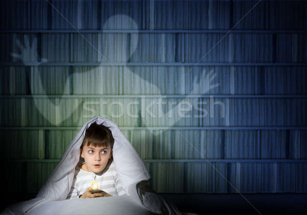 Stock fotó: Fiú · elemlámpa · kép · éjszaka · félő · szellemek