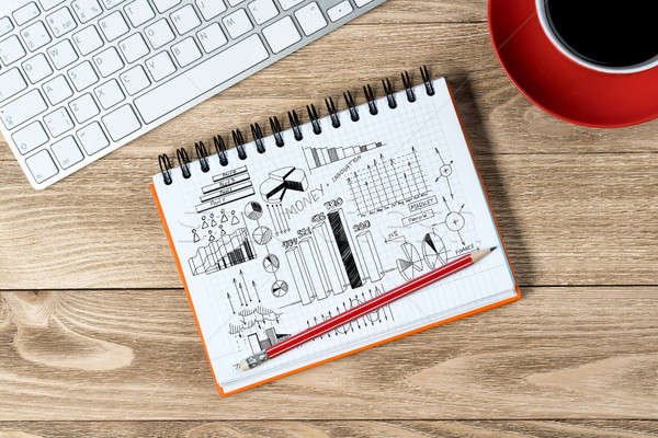 Działalności pracy notatnika pomysł filiżankę kawy klawiatury Zdjęcia stock © adam121