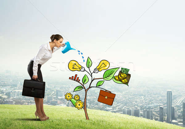 Young businesswoman outdoors watering drawn growth concept with can Stock photo © adam121