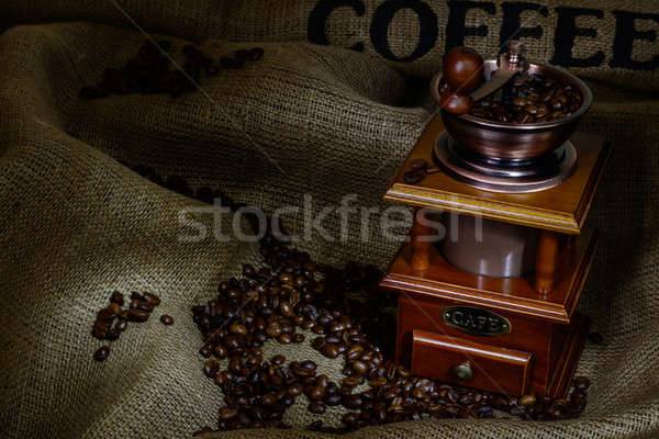 Café moinho feijões pano de saco natureza morta madeira Foto stock © adam121