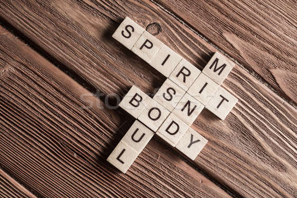 Conceptual keywords on wooden table with elements of game making crossword Stock photo © adam121