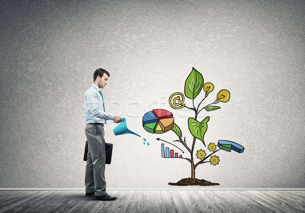 Young businessman in empty room watering drawn growth concept with can Stock photo © adam121