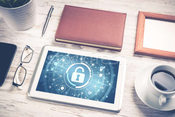 Web security and technology concept with tablet pc on wooden tab Stock photo © adam121