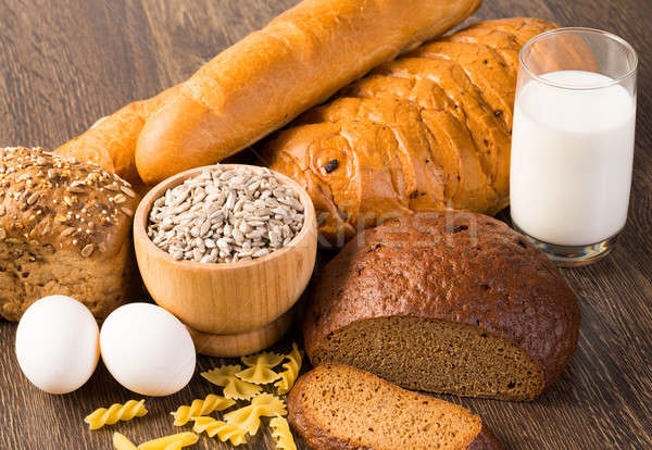 ストックフォト: 新鮮な · パン · 卵 · ガラス · ミルク · 穀類