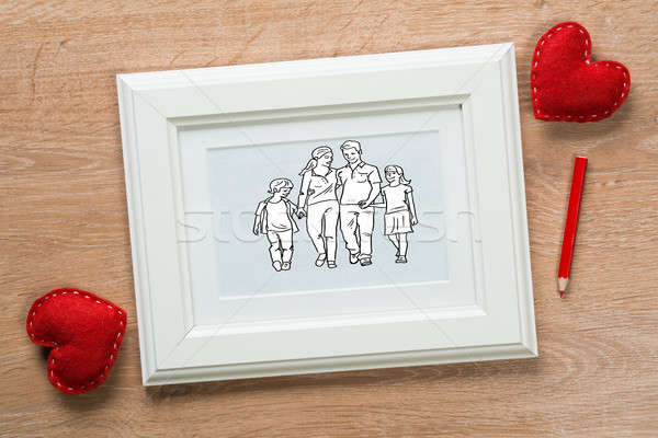 瞬間 フォトフレーム 幸せな家族 図面 木製のテーブル 女性 ストックフォト © adam121