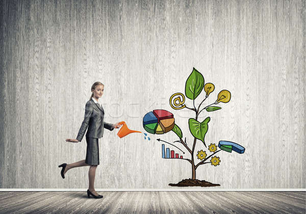 Young businesswoman in empty room watering drawn growth concept with can Stock photo © adam121