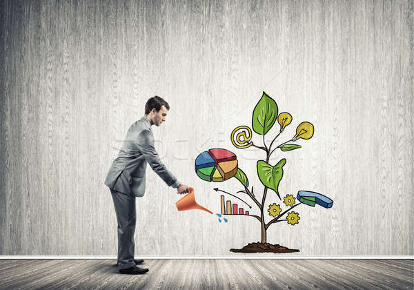 Young businessman in empty room watering drawn growth concept with can Stock photo © adam121