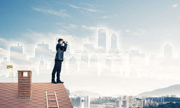 Businessman standing on roof and looking in binoculars. Mixed me Stock photo © adam121