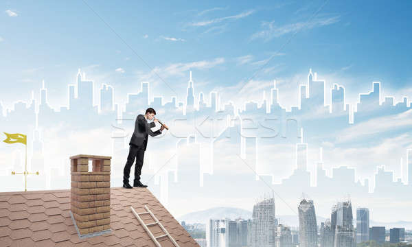 Engineer man standing on roof and looking in spyglass. Mixed media Stock photo © adam121