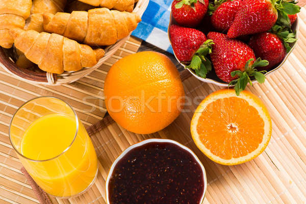 Stockfoto: Vroeg · ontbijt · sap · croissants · jam · stilleven
