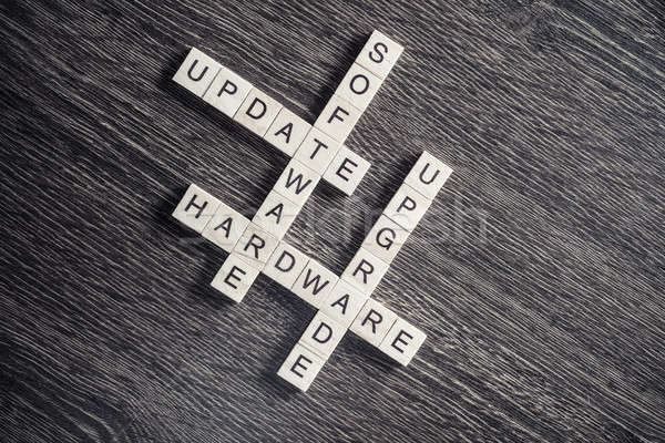 Stock photo: Conceptual media keywords on table with elements of game making 