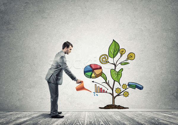 Young businessman in empty room watering drawn growth concept wi Stock photo © adam121