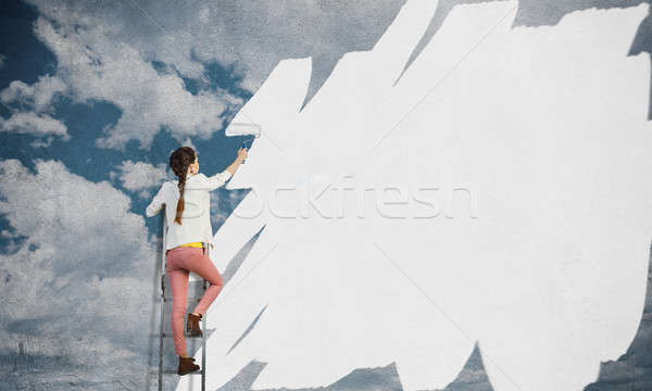 Stockfoto: Meisje · verf · muur · kleuren · jonge · vrouw · permanente