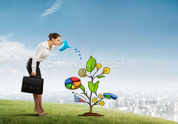 Young businesswoman outdoors watering drawn growth concept with can Stock photo © adam121