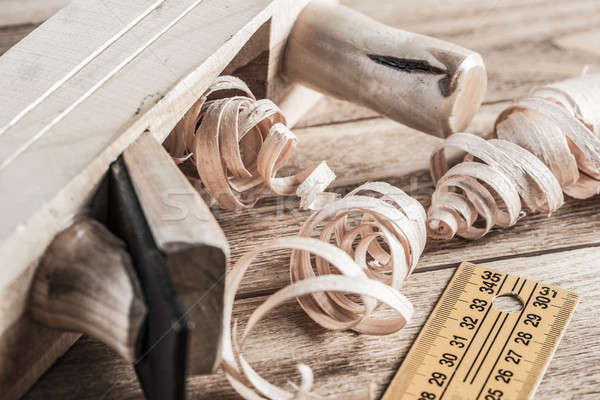 Stock photo: Wooden planer and filings
