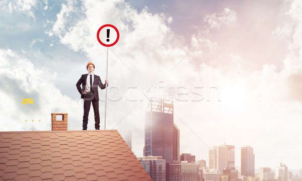 Empresario casa superior signo signo de admiración Foto stock © adam121