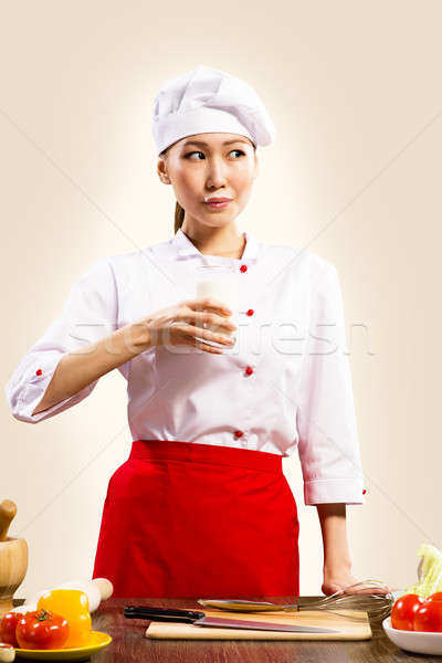 Stock fotó: ázsiai · női · szakács · iszik · tej · bajusz