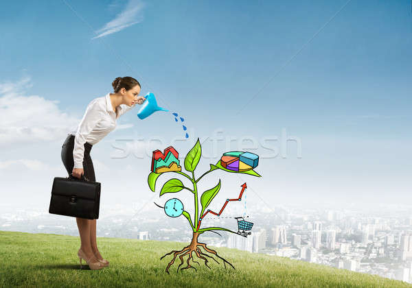 Young businesswoman outdoors watering drawn growth concept with can Stock photo © adam121