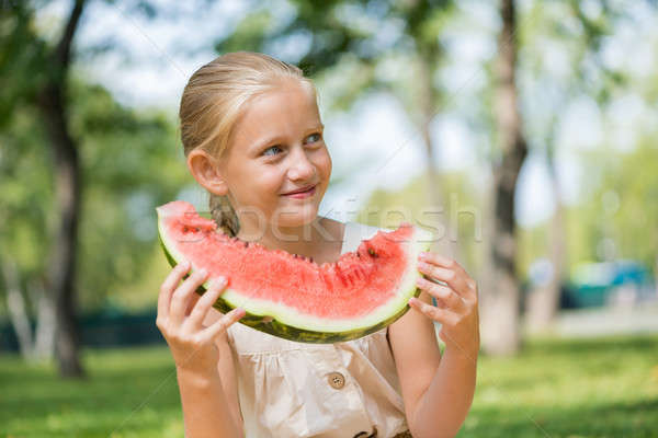 Stockfoto: Kid · watermeloen · plakje · cute · meisje · vergadering